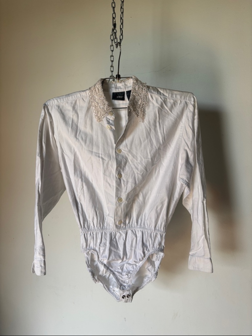 White 100% Cotton Long Sleeve Button-Up Bodysuit Lace Collar Vintage Size P